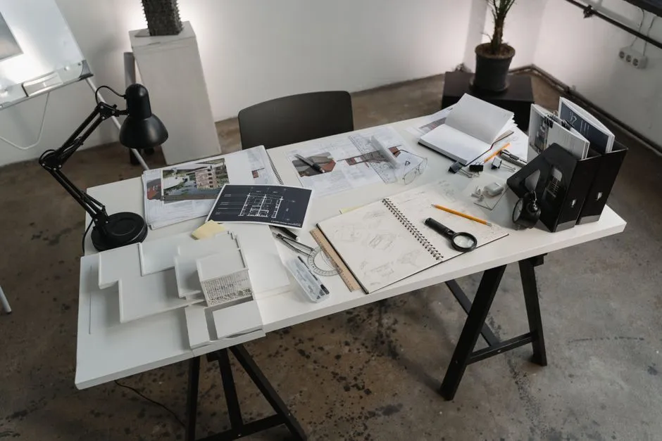 Floor plan blueprints spread out on a table, illustrative